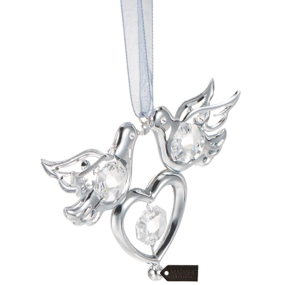 Matashi Chrome Plated Crystal Studded Silver Love Doves Birds Hanging Ornament With Heart, Romantic Gift, Love Symbol
