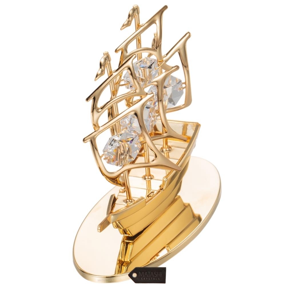 Matashi 24K Gold Plated Crystal Studded Mayflower Sailing Ship Ornament Holiday Decor Gift For Christmas Mother's Day Birthday Anniversary