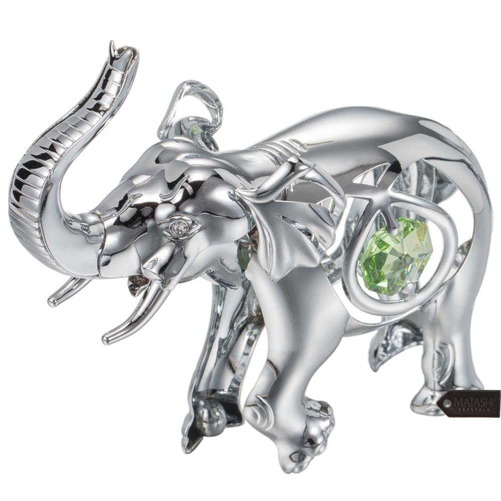 Matashi Chrome Plated Silver Elephant With Open Mouth Ornament With Mint Green & Clear-Cut Crystals Gift For Christmas Mother's Day Birthday