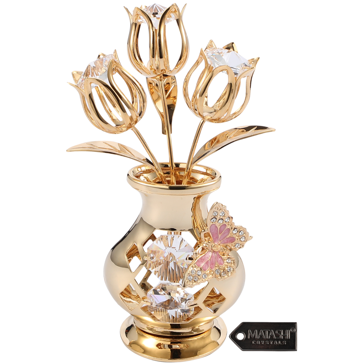Matashi 24K Gold Plated Crystal Studded Flower Ornament In A Vase With Decorative Butterfly (Clear Crystals) Gift For Christmas Mother's Day
