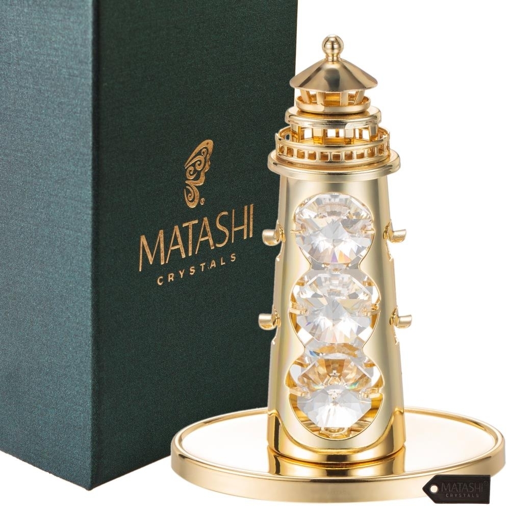 Matashi 24K Gold Plated Crystal Studded Lighthouse Ornament With Clear Crystals Holiday Decor Gift For Christmas Mother's Day Birthday