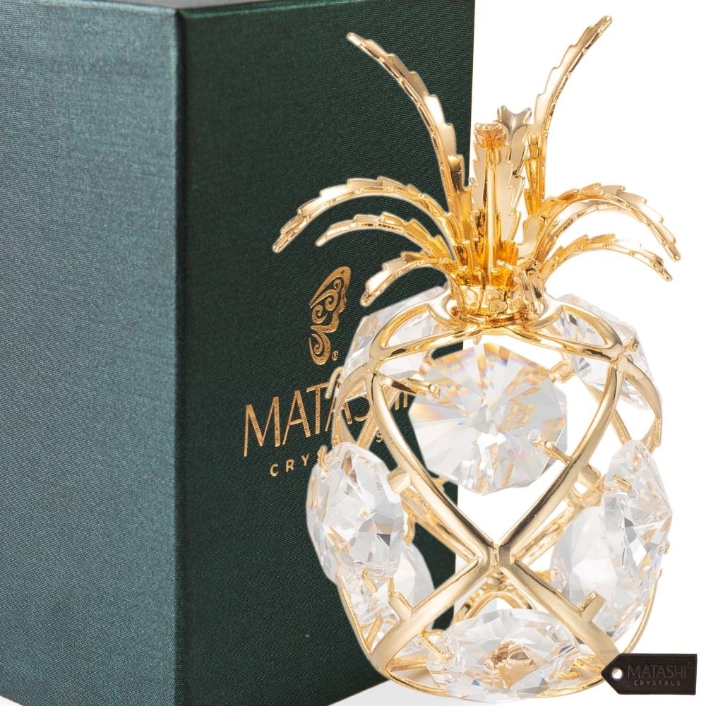 Matashi 24K Gold Plated Mini Pineapple Ornament With Clear Crystals Holiday Decor Gift For Christmas Mother's Day Birthday Anniversary