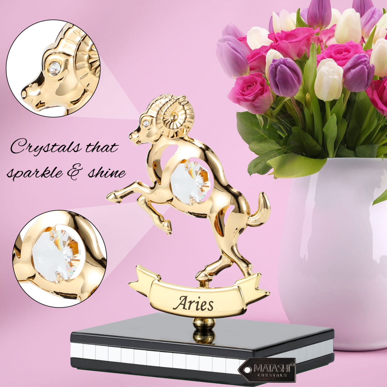 Matashi 24K Gold Plated Zodiac Astrological Sign Aries Figurine Statuette On Stand W/ Crystals Birthday Gift For Mom Girlfriend Boyfriend