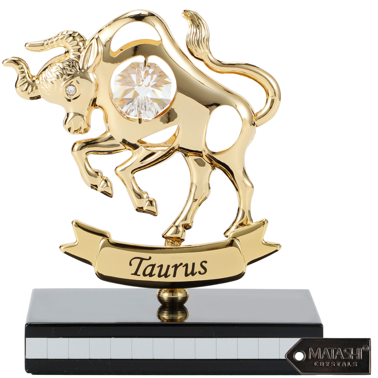 Matashi 24K Gold Plated Zodiac Astrological Sign Taurus Figurine Statuette On Stand W/ Crystals Birthday Gift For Mom Girlfriend Boyfriend
