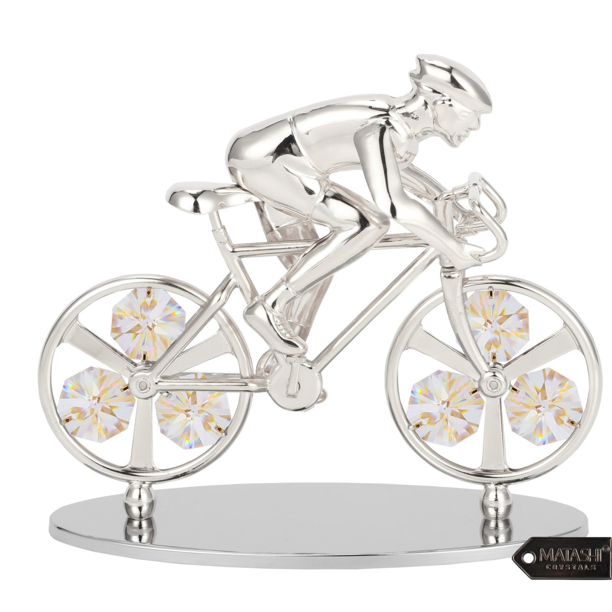Matashi Silver Plated Cyclist On Bicycle Figurine With Crystals, Gift For Sports Fan, Desk Accessories, Trophy, Boss Gift, Office Decor