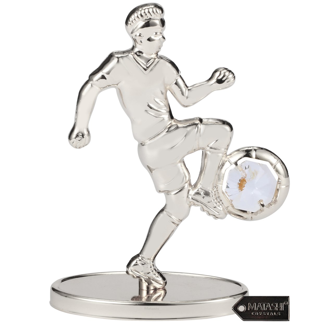 Matashi Silver Plated Soccer Football Player Figurine With Crystals Gift For Sports Fan, Desk Accessories, Trophy, Boss Gift, Office Decor