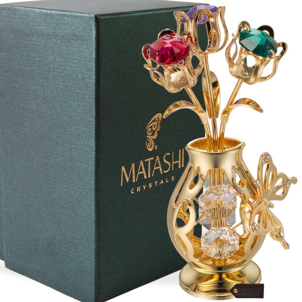 Matashi 24k Gold Plated Flowers Bouquet & Vase W/ Crystals & Butterfly Figurine Tabletop Showpiece Gift For Christmas Valentine's Day