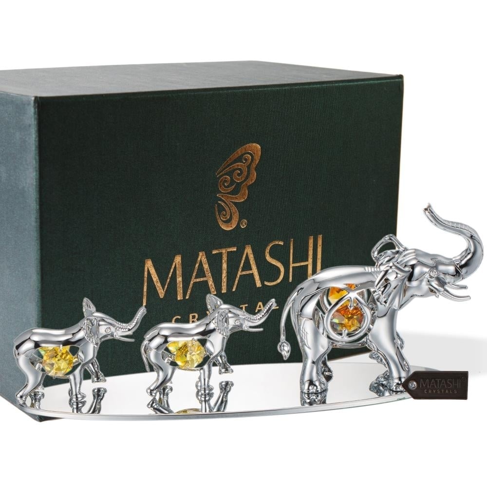 Matashi Chrome Plated Crystal Studded Silver Family Of Elephants Figurine Ornaments Holiday Decor Gift For Christmas Mother's Day