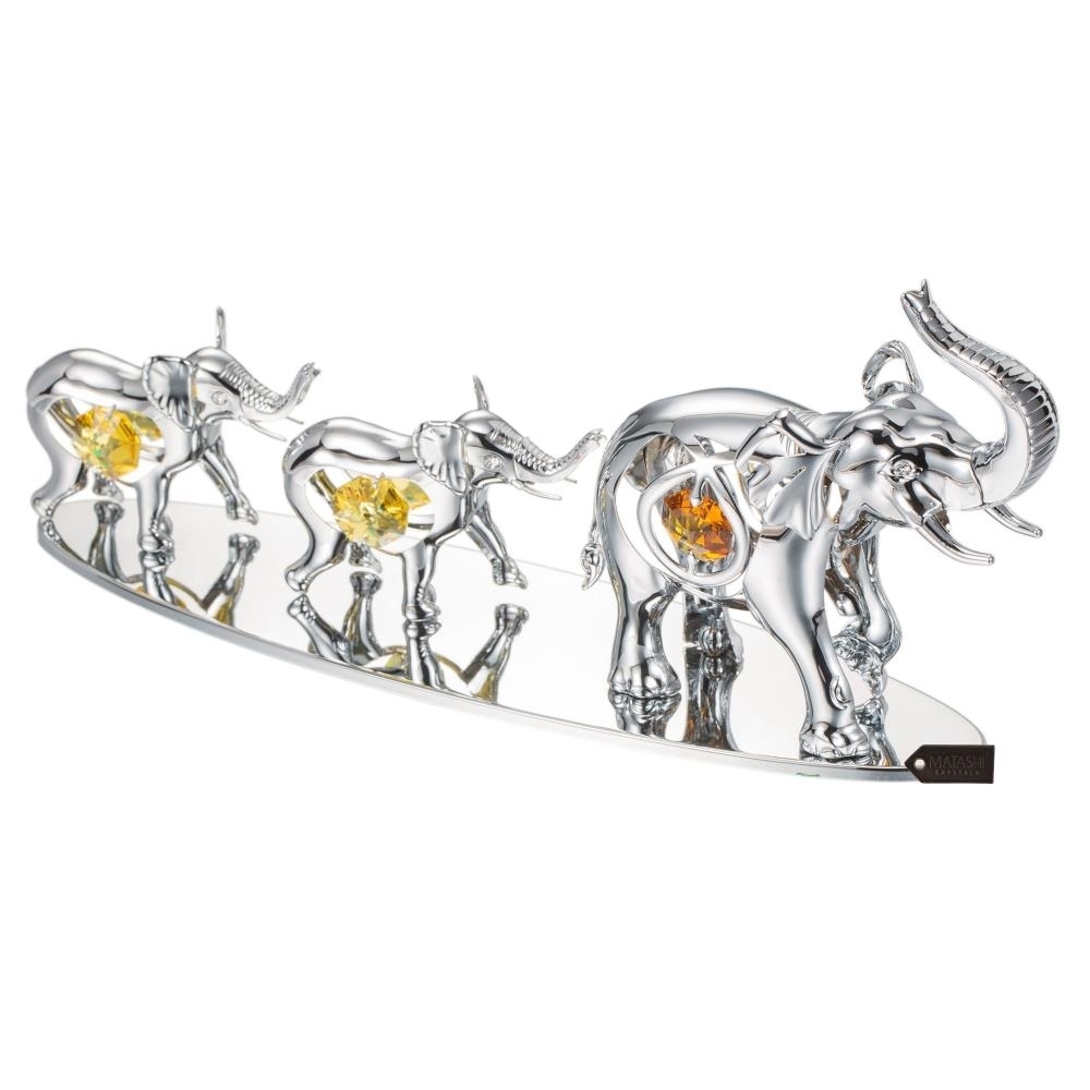 Matashi Chrome Plated Crystal Studded Silver Family Of Elephants Figurine Ornaments Holiday Decor Gift For Christmas Mother's Day