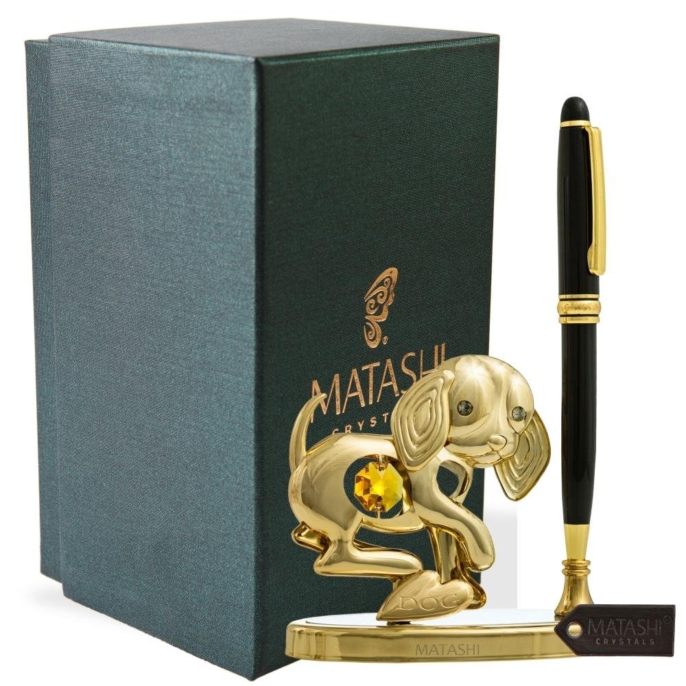 Matashi 24k Gold Plated Puppy Pen Set (Black Ballpoint) Table Top Ornament W/ Gold Crystal Metal Dog Figurine Home Office Decor Small Stand