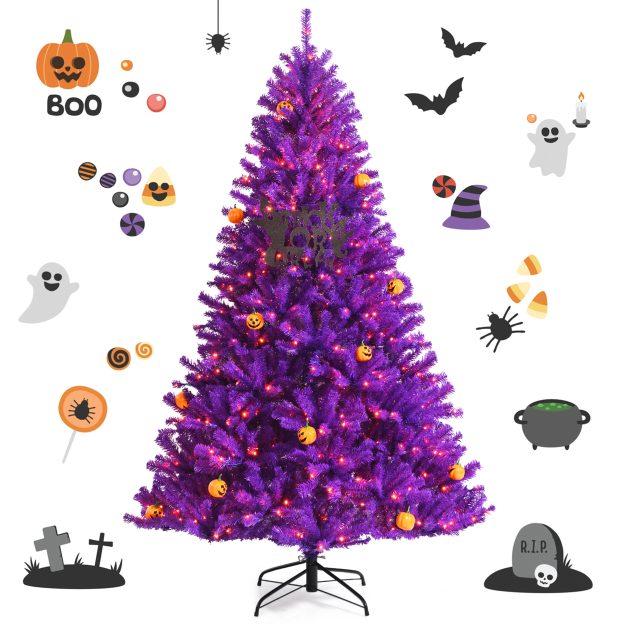 5/6/7 FT Pre-lit Purple Artificial Christmas Halloween Tree W/ Mini Pumpkins - 7 Ft