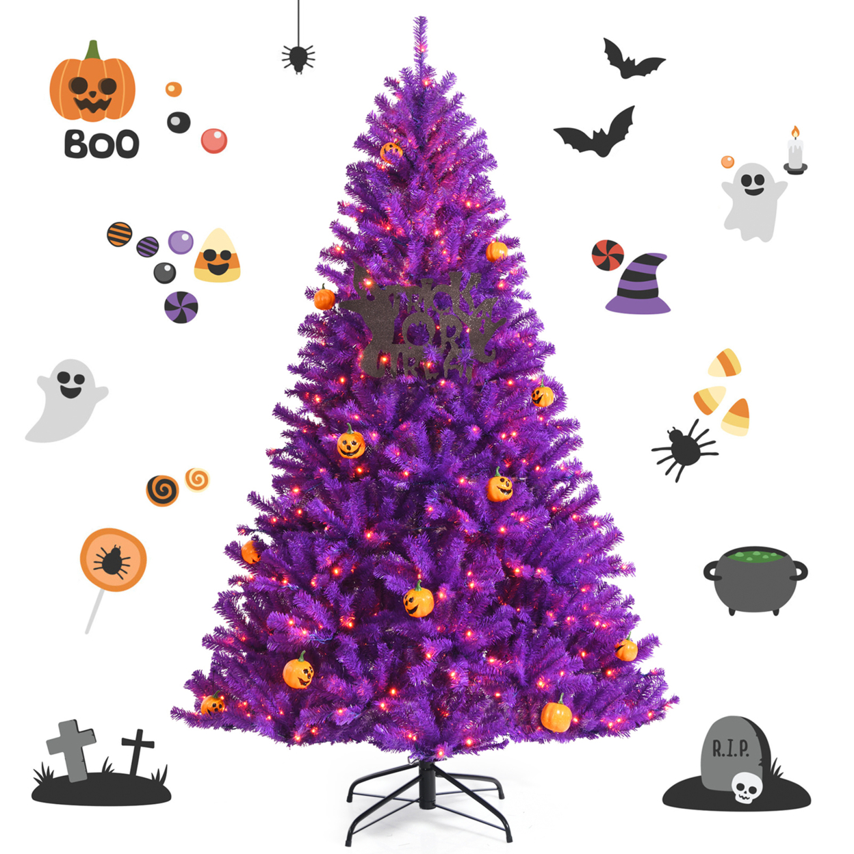 5/6/7 FT Pre-lit Purple Artificial Christmas Halloween Tree W/ Mini Pumpkins - 6 Ft