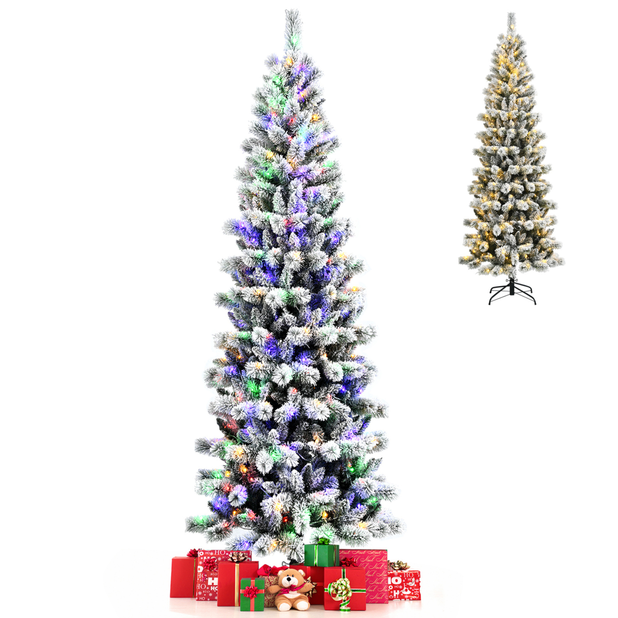 5/6/7.5/8 Ft Pre-lit Snow Flocked Artificial Christmas Tree W/ Multi-Color LED Lights - 8 Ft
