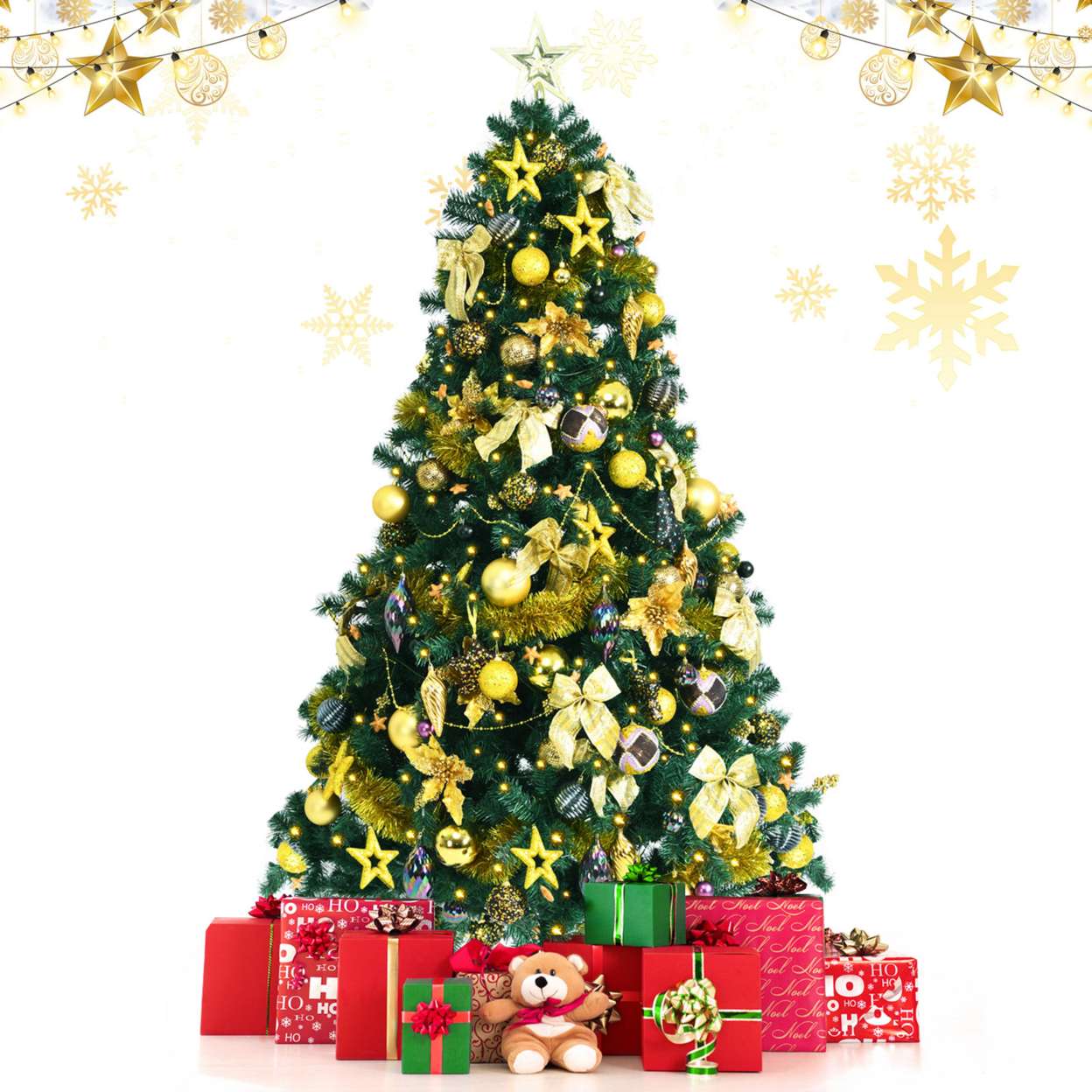 7.5 Ft Pre-Lit Christmas Tree Artificial Xmas Tree W/ 140pcs Ornaments