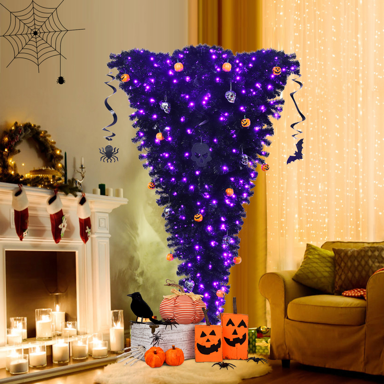 6FT Pre-lit Upside Down Black Halloween Tree Artificial Christmas Tree