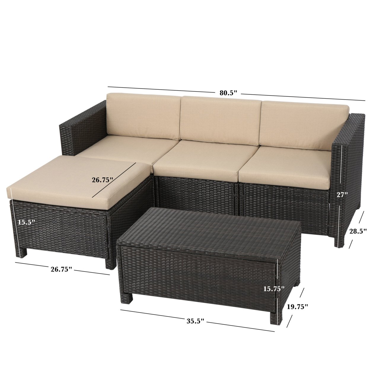 Lorita Outdoor 5-piece Dark Brown Wicker Sectional Sofa Set With Beige Cushions