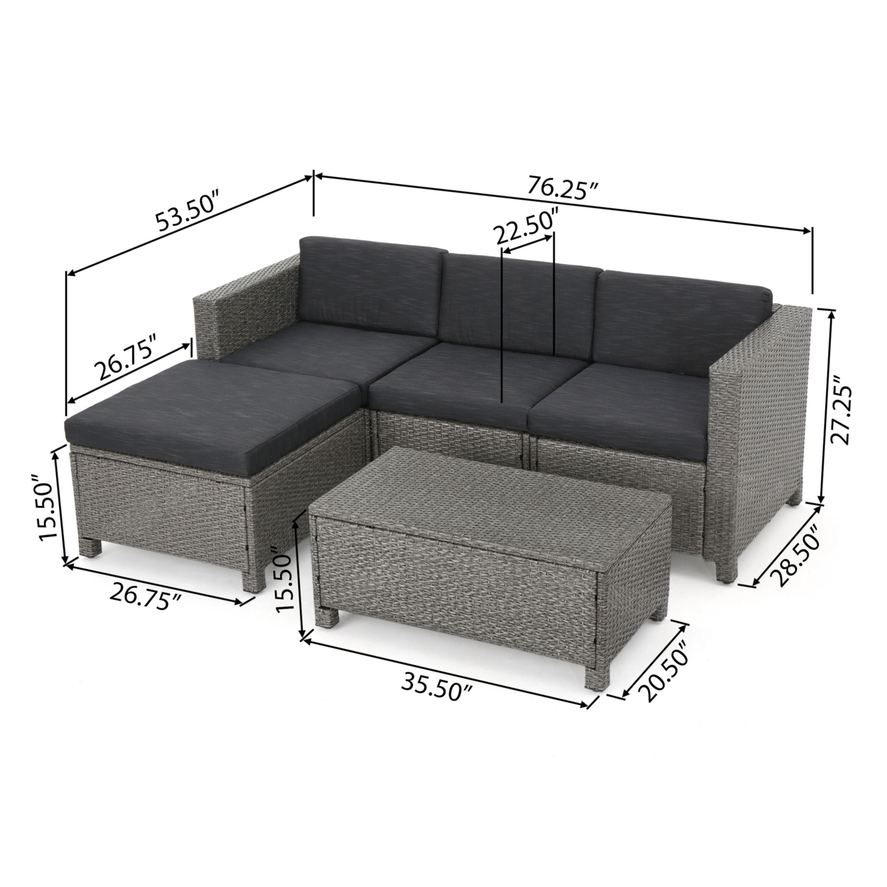 Lorita Outdoor 5-piece Grey Wicker Sectional Sofa Set With Black Cushions