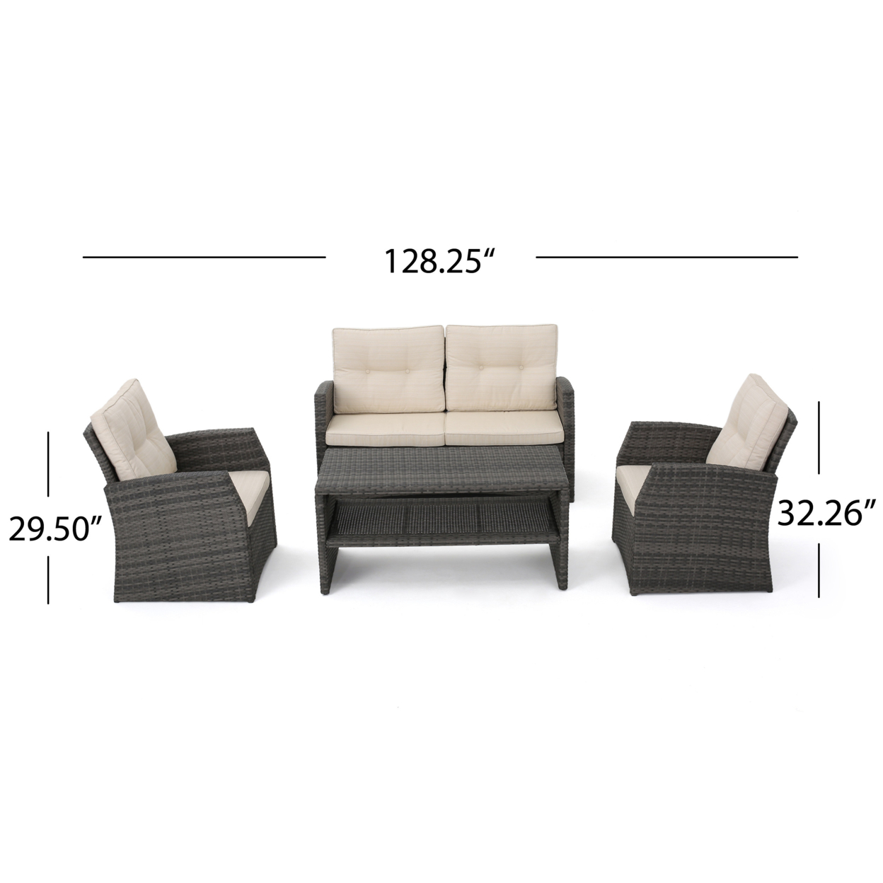 Del Norte Grey 4 Piece Outdoor Wicker Chat Set With Beige Water Resistant Cushions