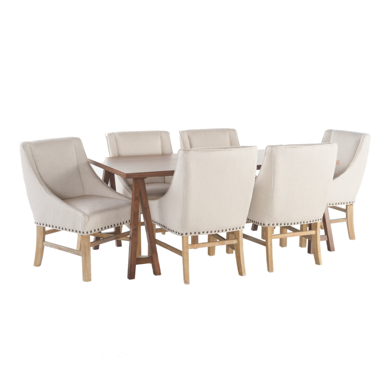 Sabrina Farmhouse 7 Piece Natural Walnut Dining Set With Linen Chairs