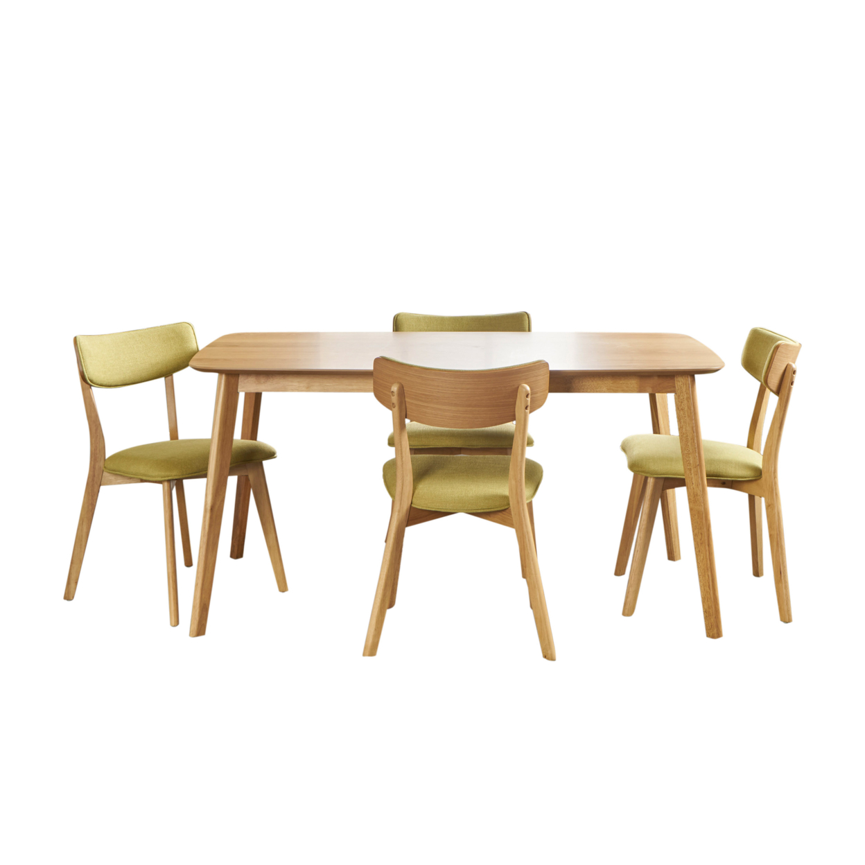 Aman Mid Century Natural Oak Finished 5 Piece Wood Dining Set With Fabric Chairs