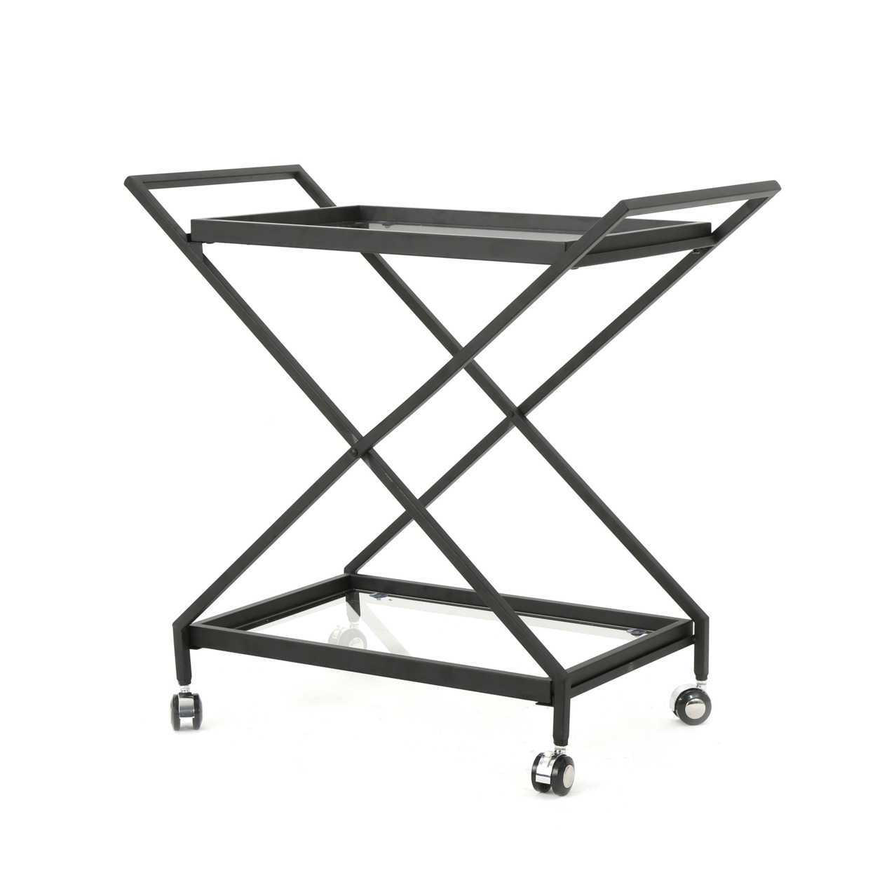 Annika Outdoor Black Powder Coated Iron Bar Cart With Tempered Glass Shelves