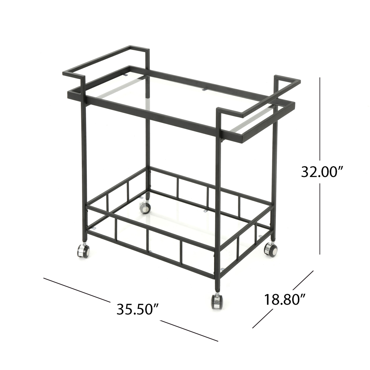 Brose Indoor Industrial Black Iron Bar Cart With Tempered Glass Shelves
