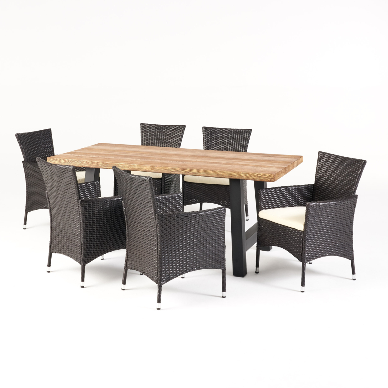 Sina Outdoor 7 Piece Wicker Dining Set With Light Weight Concrete Table And Water Resistant Cushions