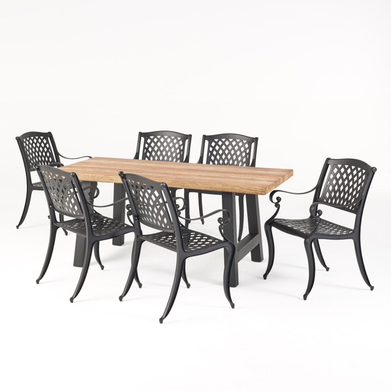 Dory Outdoor 7 Piece Black Sand Aluminum Dining Set With Light Weight Concrete Table