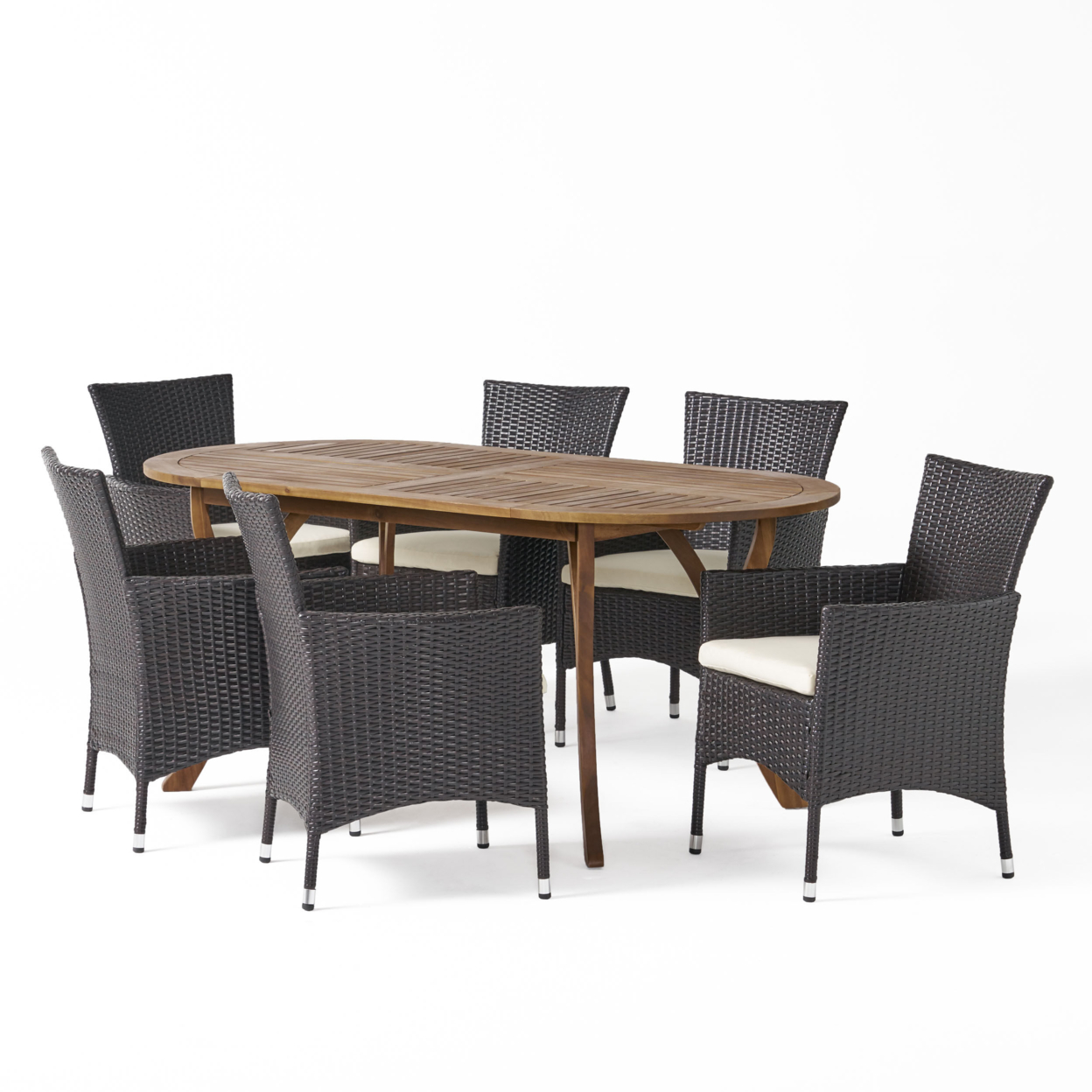 Edna Outdoor 7 Piece Acacia Wood And Wicker Dining Set, Teak With Multi Brown Chairs