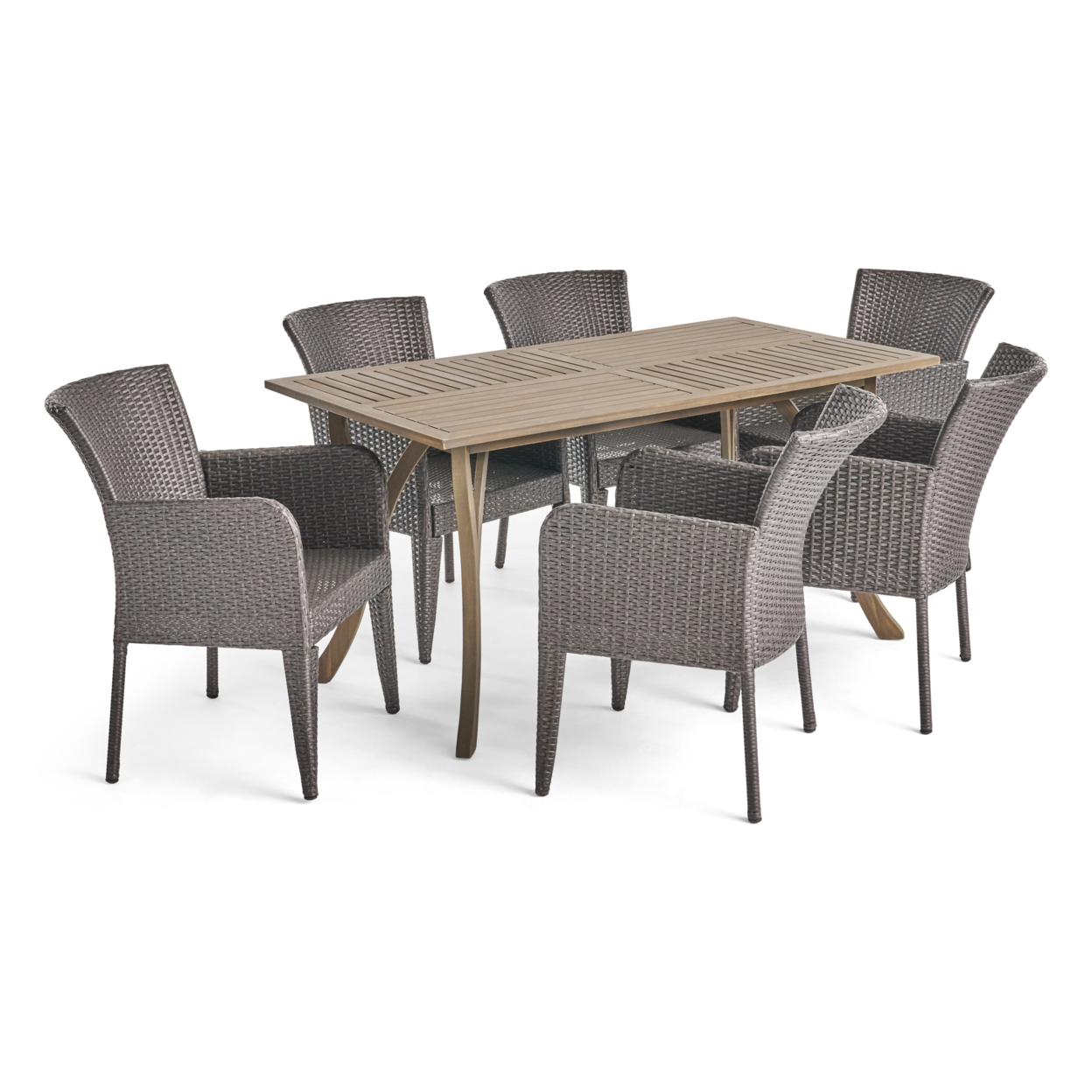 Freeman Outdoor 7 Piece Wood And Wicker Dining Set, Gray With Gray Chairs