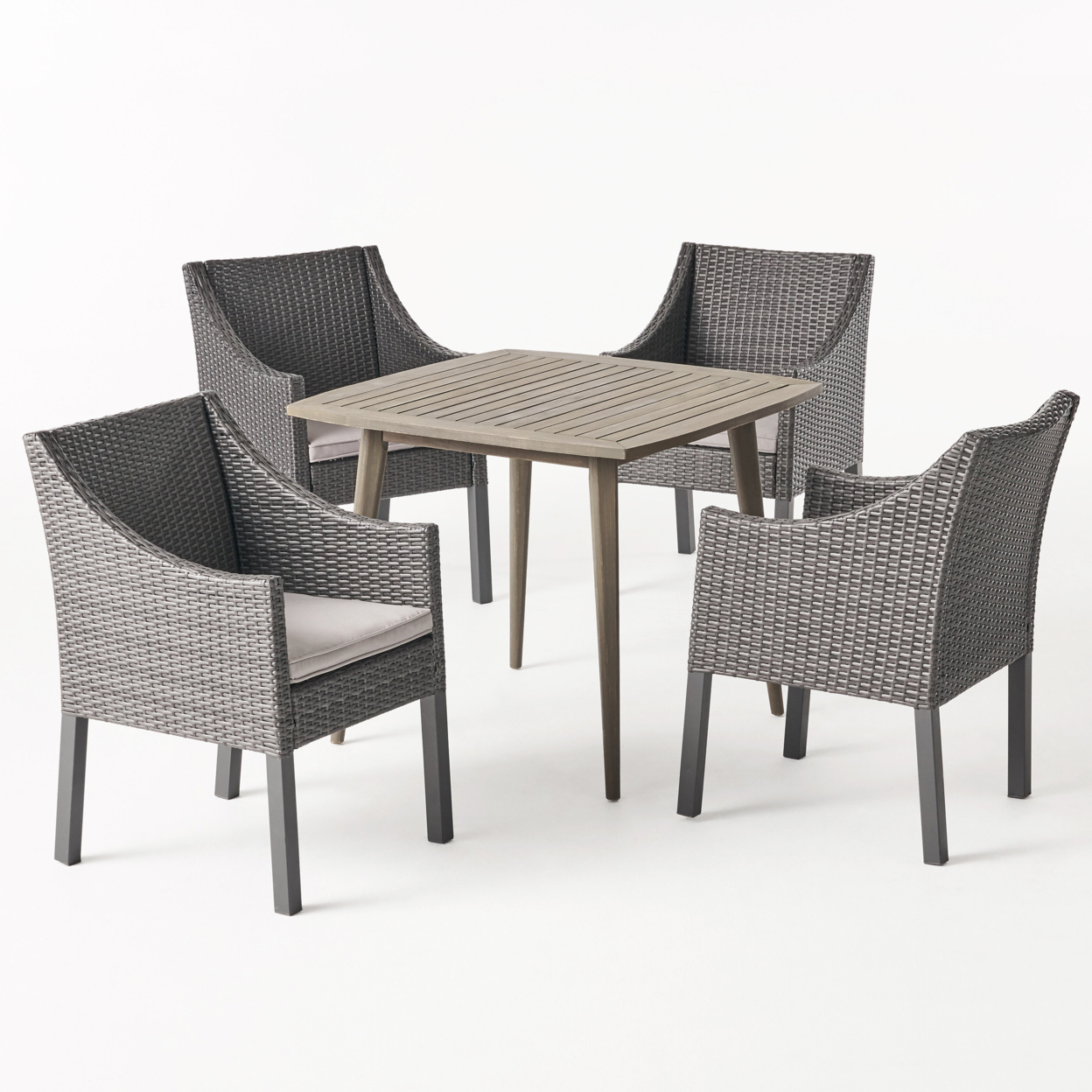 Keen Outdoor 5 Piece Wood And Wicker Dining Set, Gray And Gray