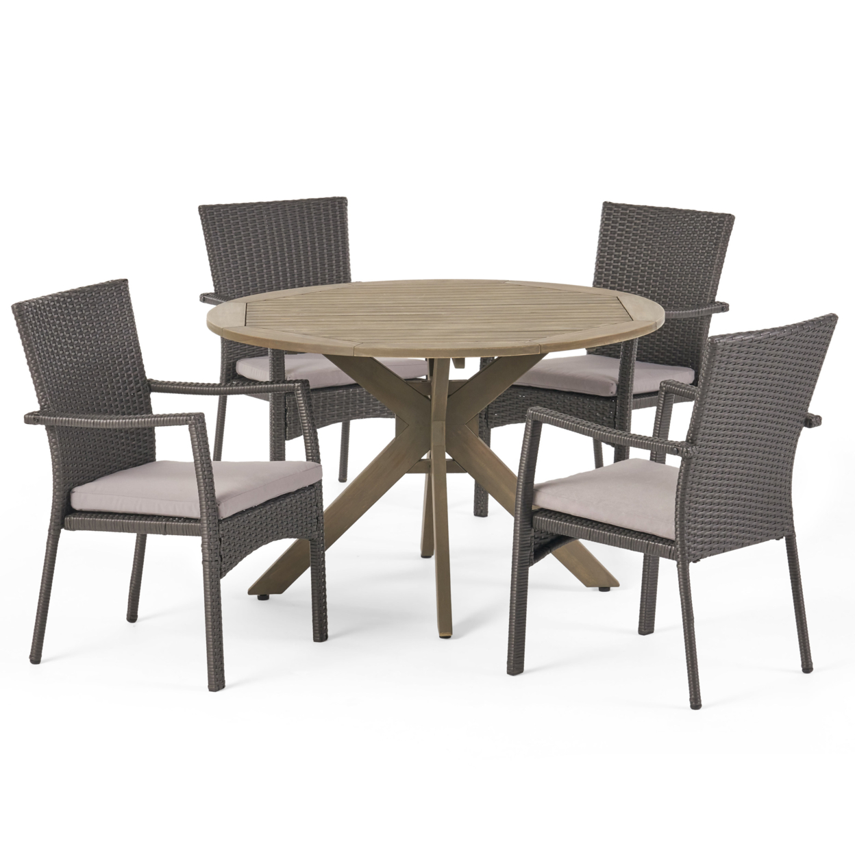 Layna Outdoor 5 Piece Wood And Wicker Dining Set, Gray And Gray