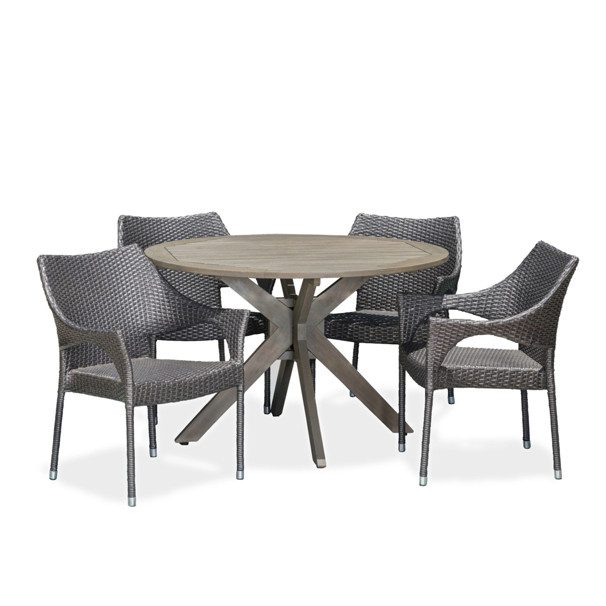 Lina Outdoor 5 Piece Wood And Wicker Dining Set, Gray And Gray