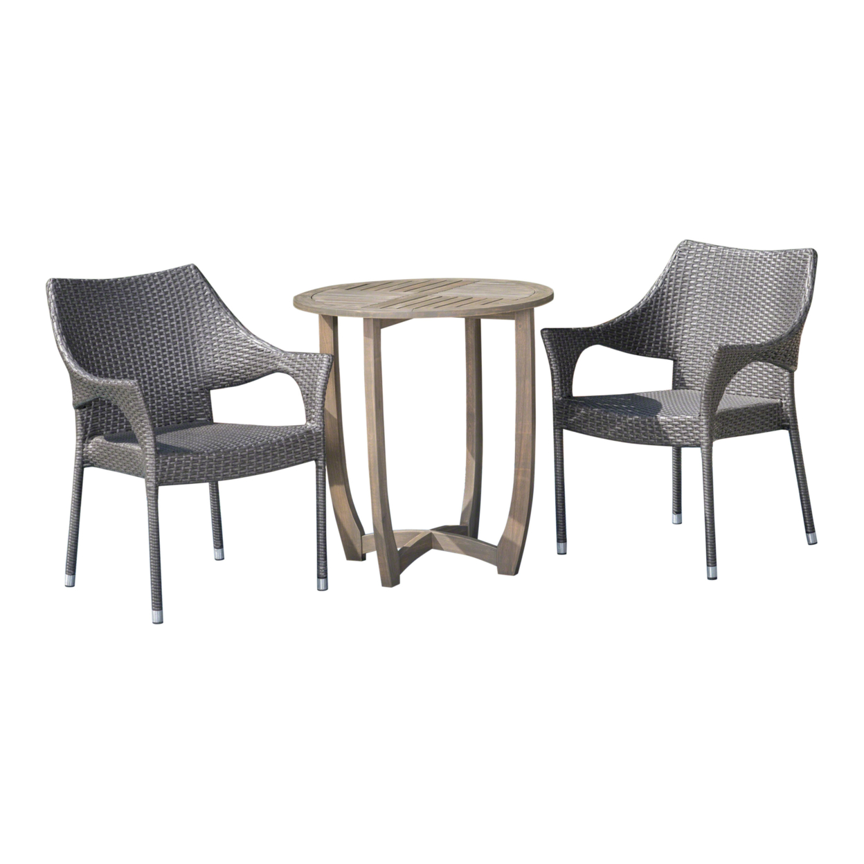 Mann Outdoor 3 Piece Wood And Wicker Bistro Set, Gray And Gray