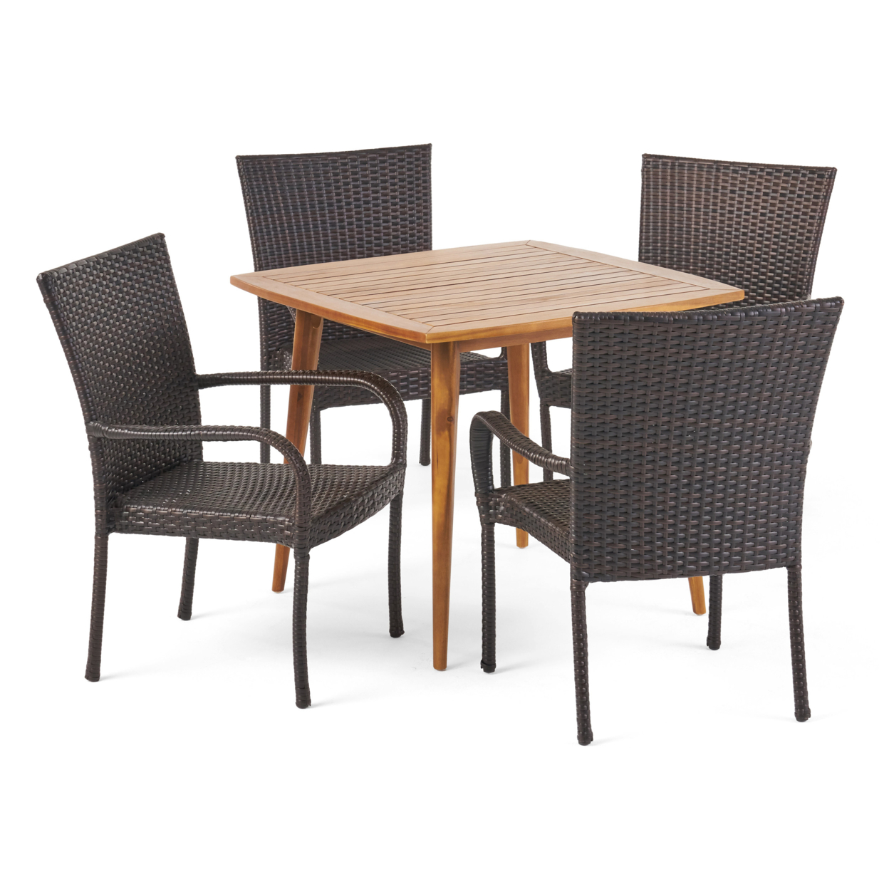 Marsh Outdoor 5 Piece Wood And Wicker Dining Set, Teak And Multi Brown