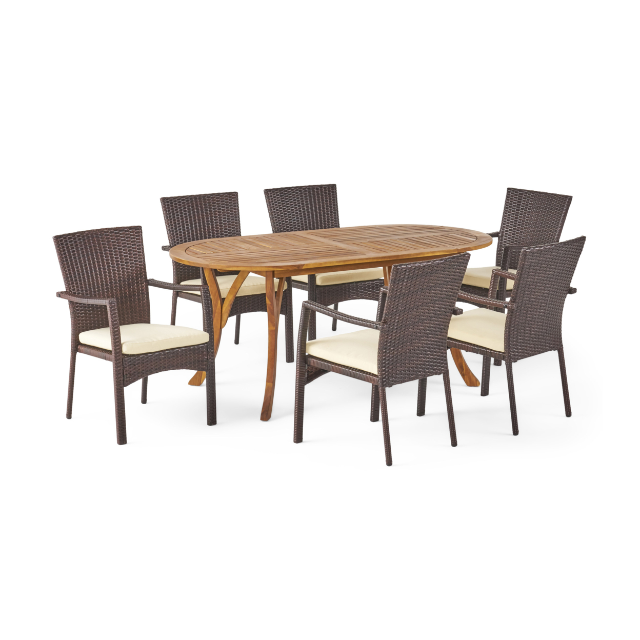 Polk Outdoor 7 Piece Acacia Wood And Wicker Dining Set, Teak With Brown Chairs