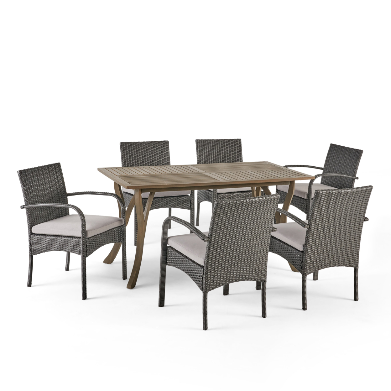 Rene Outdoor 7 Piece Wood And Wicker Dining Set, Gray And Gray
