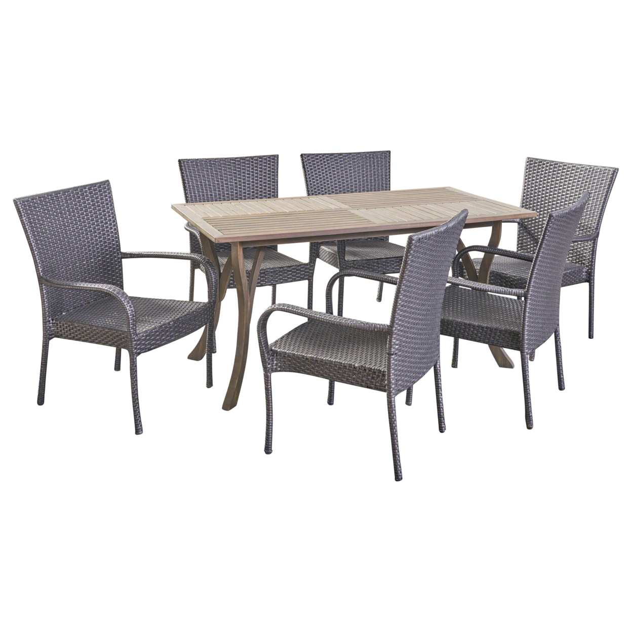 Robin Outdoor 7 Piece Wood And Wicker Dining Set, Gray And Gray