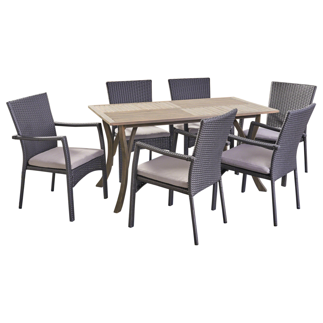 Ronnie Outdoor 7 Piece Wood And Wicker Dining Set, Gray And Gray