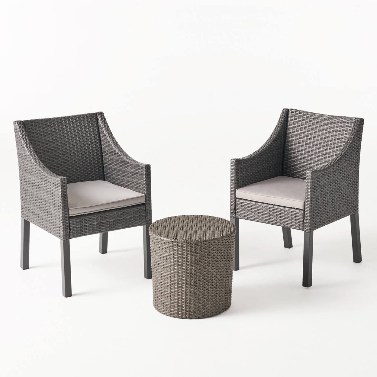 Sims Outdoor 3 Piece Wicker Chat Set, Grey With Silver Cushions