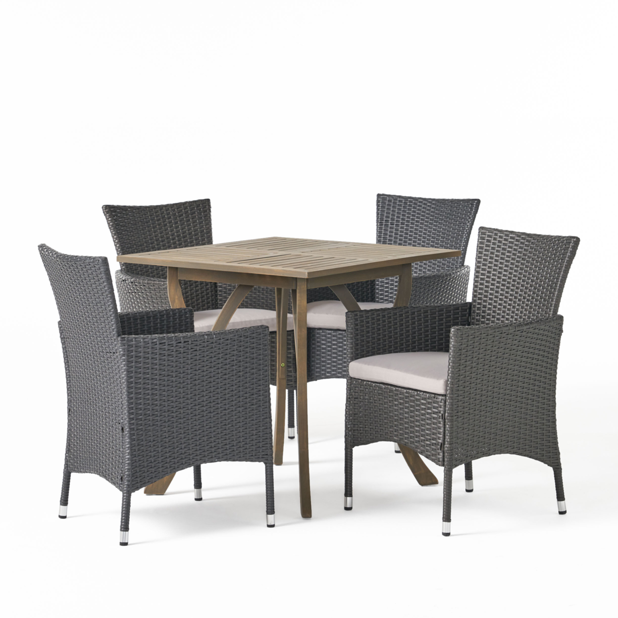 Arthur Outdoor 5 Piece Wood And Wicker Square Dining Set, Gray And Gray