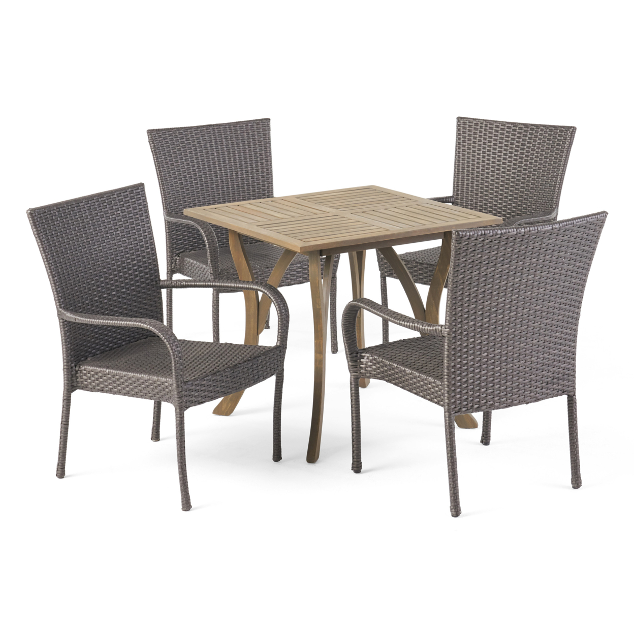 Benson Outdoor 5 Piece Wood And Wicker Square Dining Set, Gray And Gray