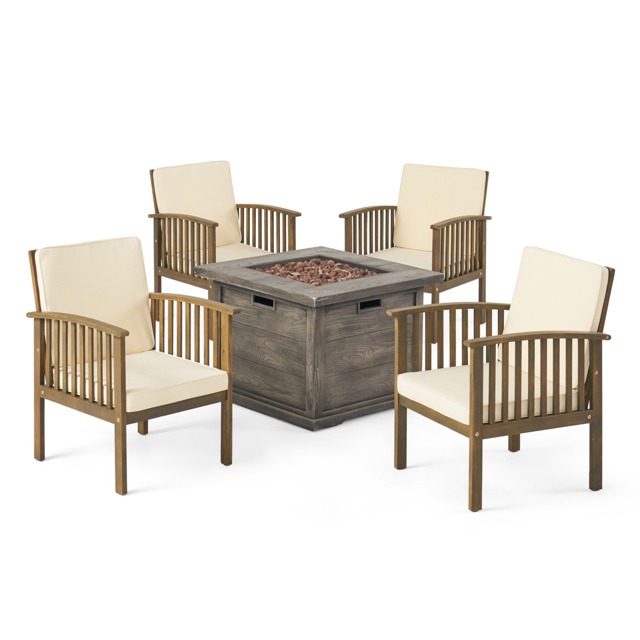 Carol Outdoor 4-Seater Acacia Wood Club Chairs With Firepit, Gray Finish And Cream And Wood Pattern