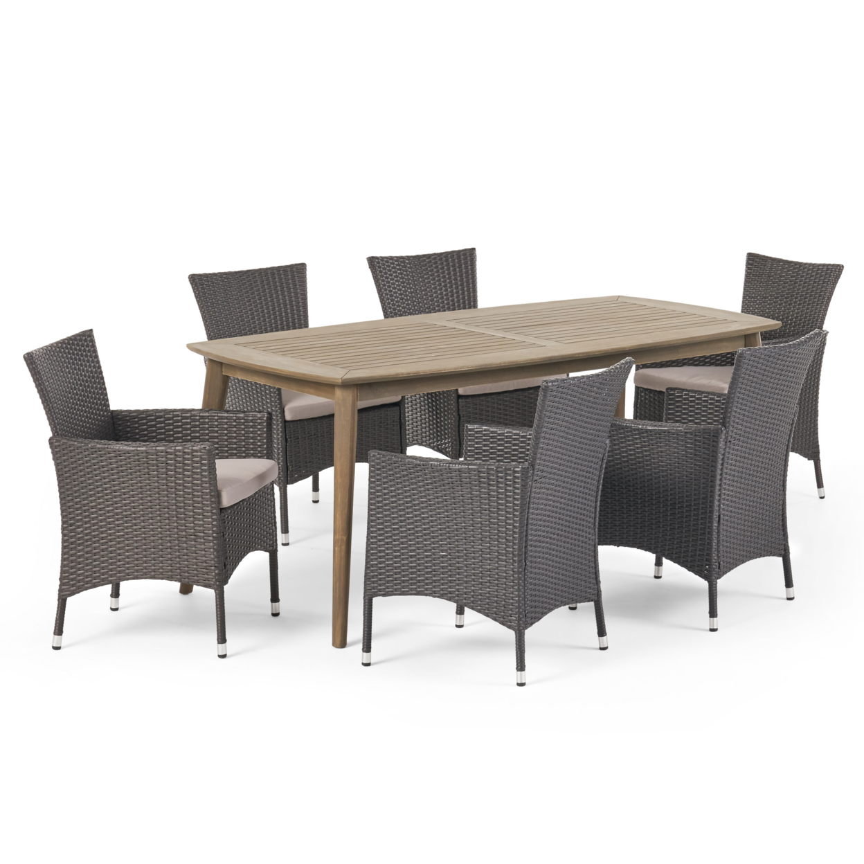 Jerzie Outdoor 7 Piece Wood And Wicker Dining Set, Gray And Gray
