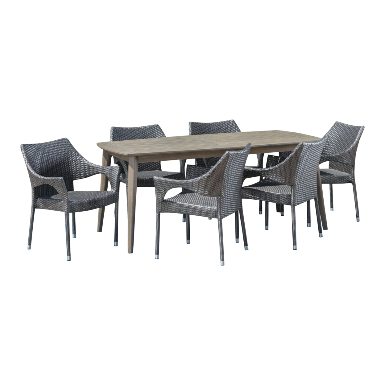 Kado Outdoor 7 Piece Wood And Wicker Dining Set, Gray And Gray