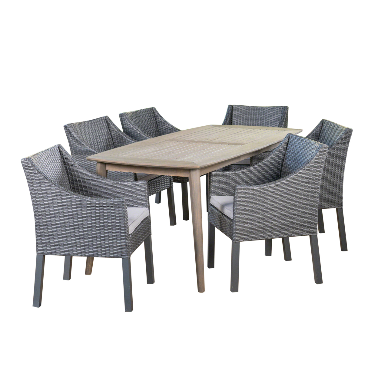 Kerk Outdoor 7 Piece Wood And Wicker Dining Set, Gray And Gray