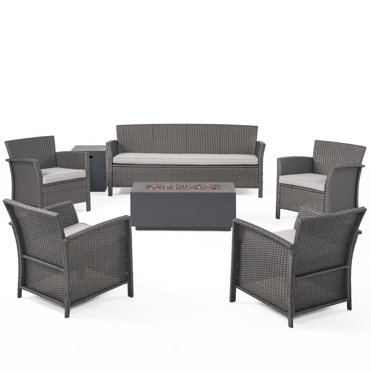 Mason Outdoor 7 Seater Wicker Chat Set With Fire Pit, Gray And Dark Gray