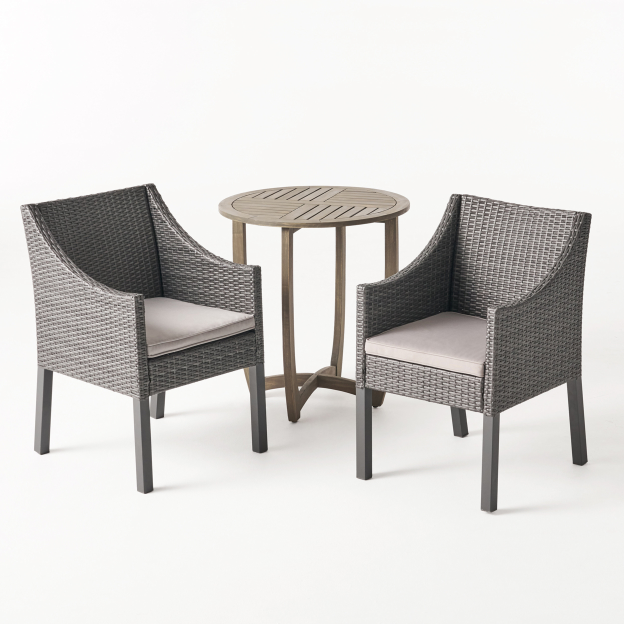 Matthew Outdoor 3 Piece Wood And Wicker Bistro Set, Gray And Gray