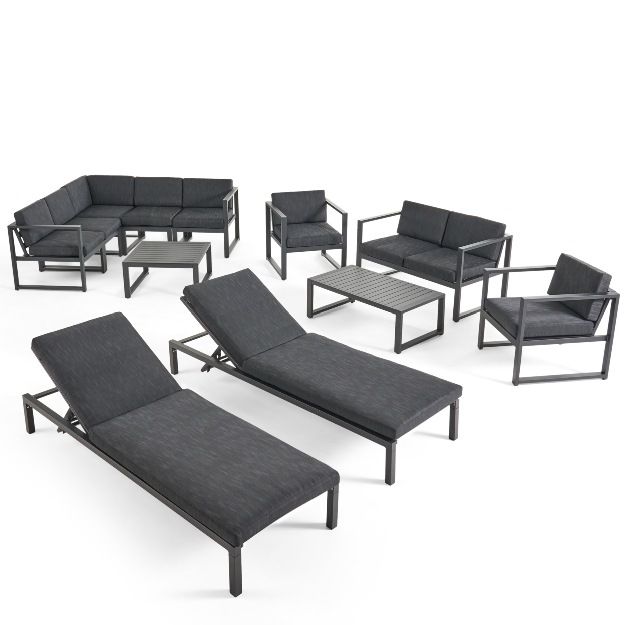 Amaryllis Outdoor 9 Seater Aluminum Sectional Sofa Set With Mesh Chaise Lounges