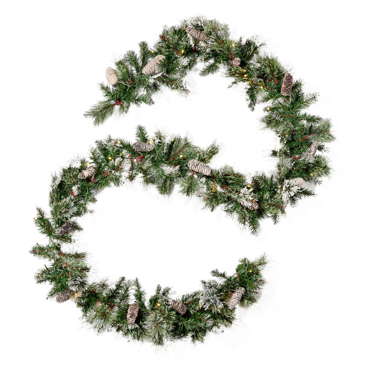 Jesse Christmas Garland 9-foot Pre-Lit Mixed Spruce Snow And Glitter Branches With Frosted Pinecones Battery-Operated